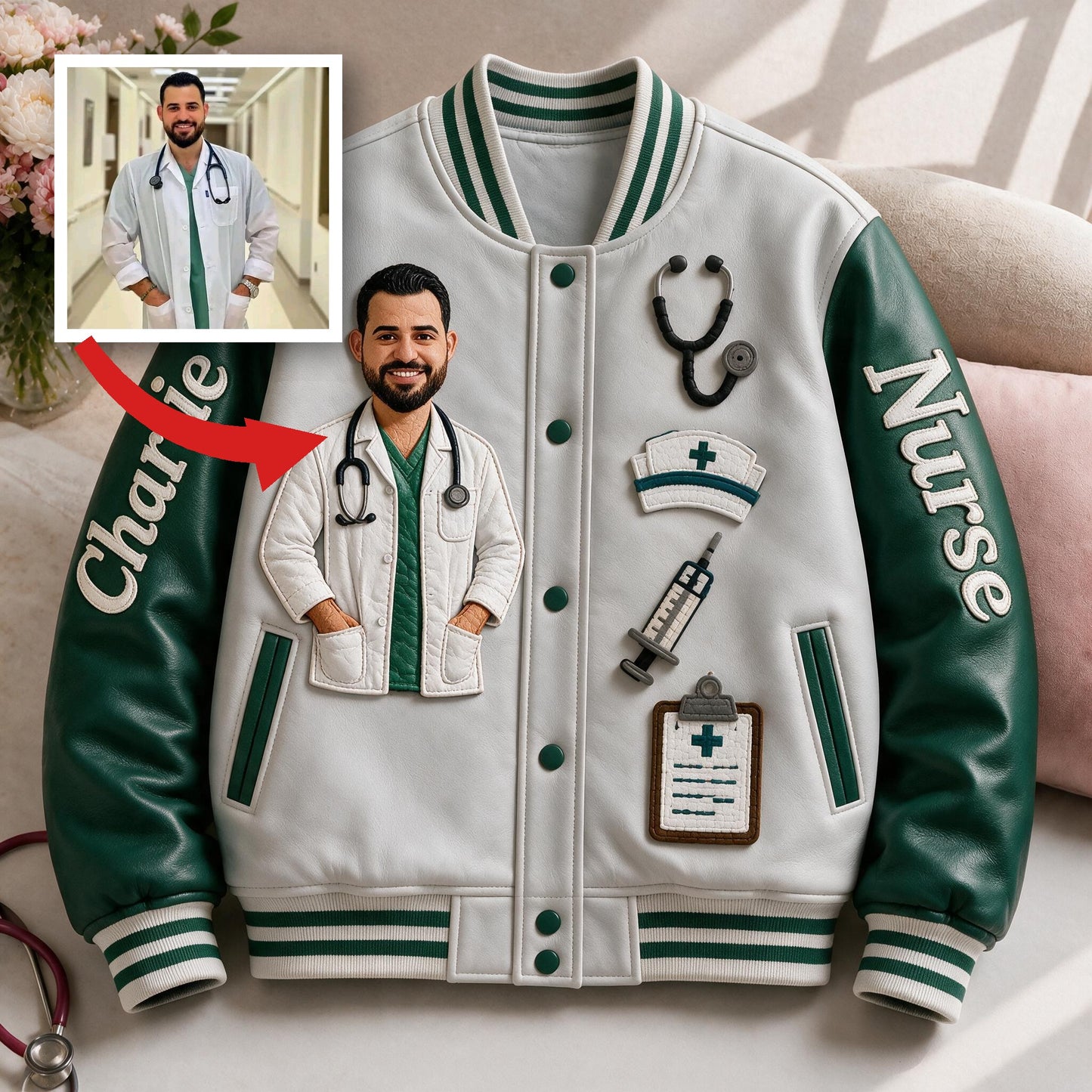 Personalized Male Nurse Caricature Varsity Jacket, Thoughtful Appreciation Gift For RN Nursing Healthcare Staff