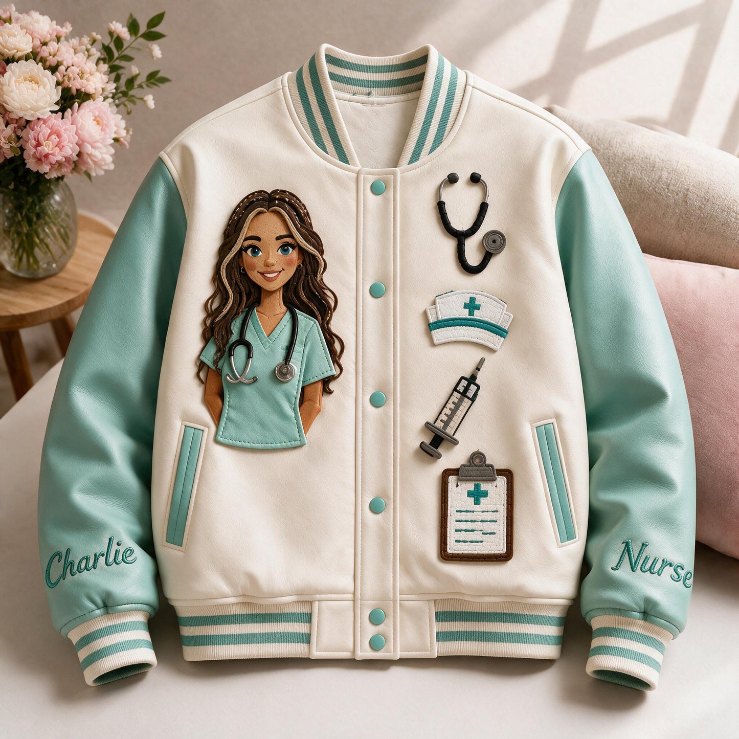 Personalized Latina Nurse Varsity Jacket, Thoughtful Nurse Appreciation Gift For Casual Work & Streetwear Outerwear