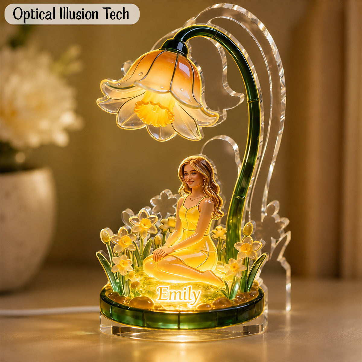 Personalized Smiling Older Woman Custom Name Acrylic LED Night Light, Cozy Warm Bedroom Decor Thoughtful Grandma Gift
