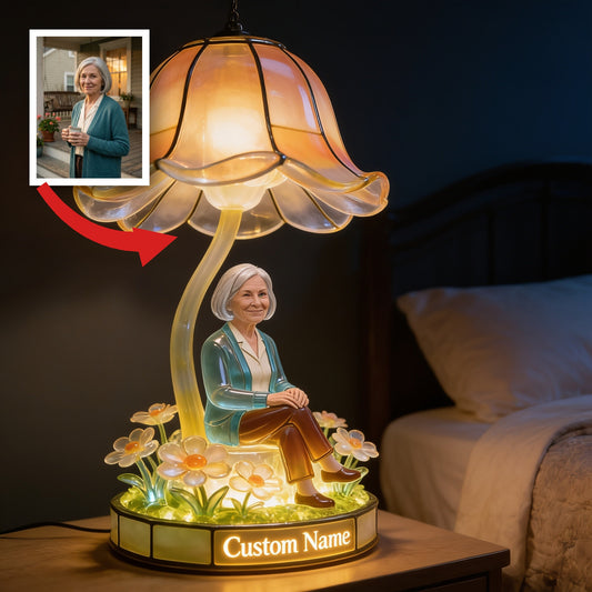 Personalized Smiling Older Woman Custom Name Acrylic LED Night Light, Cozy Warm Bedroom Decor Thoughtful Grandma Gift