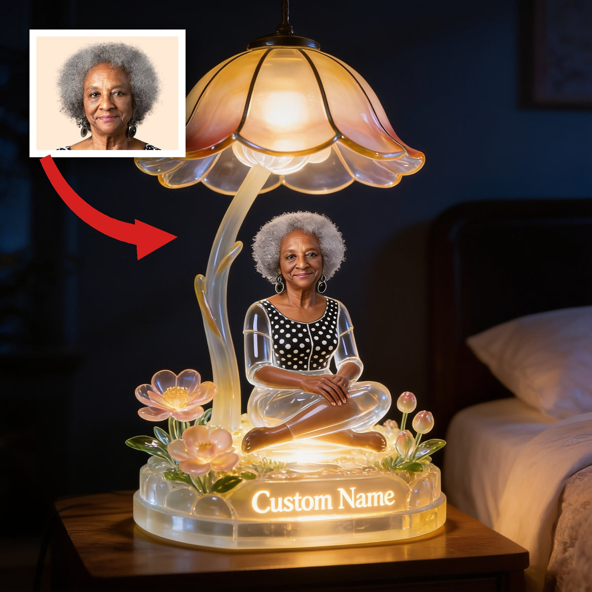 Custom Name Personalized Elderly Gray Haired Black Grandma Acrylic LED Night Light, Sentimental Keepsake Home Decor Gift