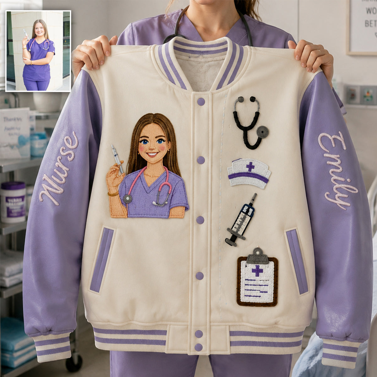 Personalized Male Nurse Caricature Varsity Jacket, Thoughtful Appreciation Gift For RN Nursing Healthcare Staff