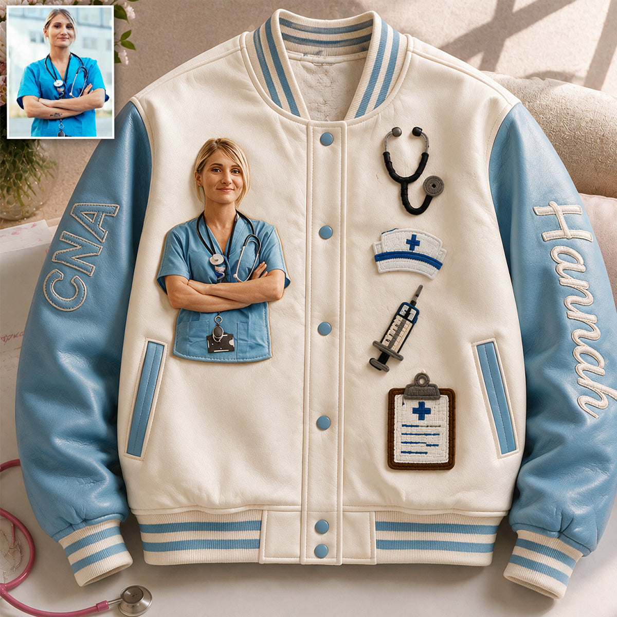 Personalized Male Nurse Caricature Varsity Jacket, Thoughtful Appreciation Gift For RN Nursing Healthcare Staff