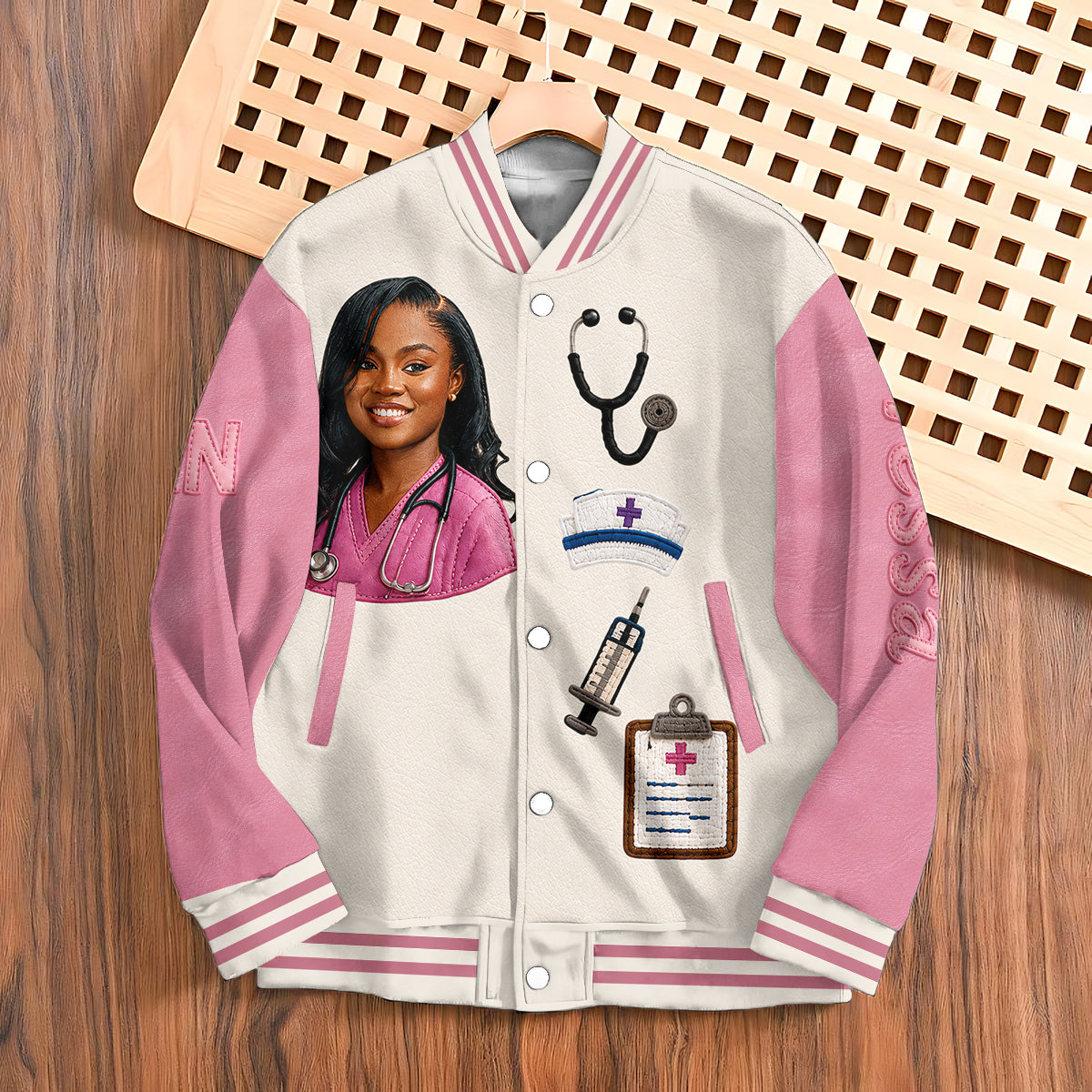 Personalized Male Nurse Caricature Varsity Jacket, Thoughtful Appreciation Gift For RN Nursing Healthcare Staff