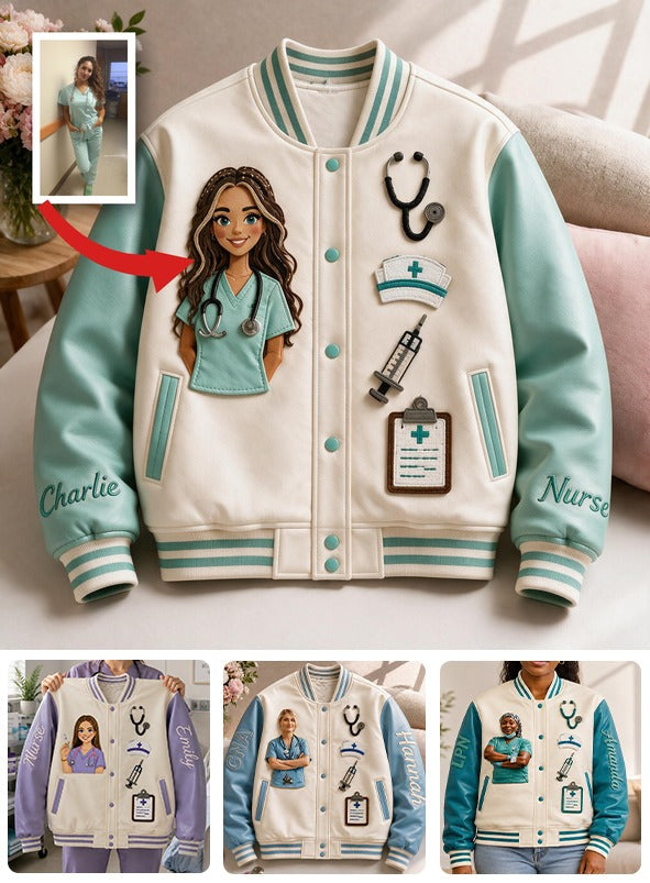Personalized Latina Nurse Varsity Jacket, Thoughtful Nurse Appreciation Gift For Casual Work & Streetwear Outerwear