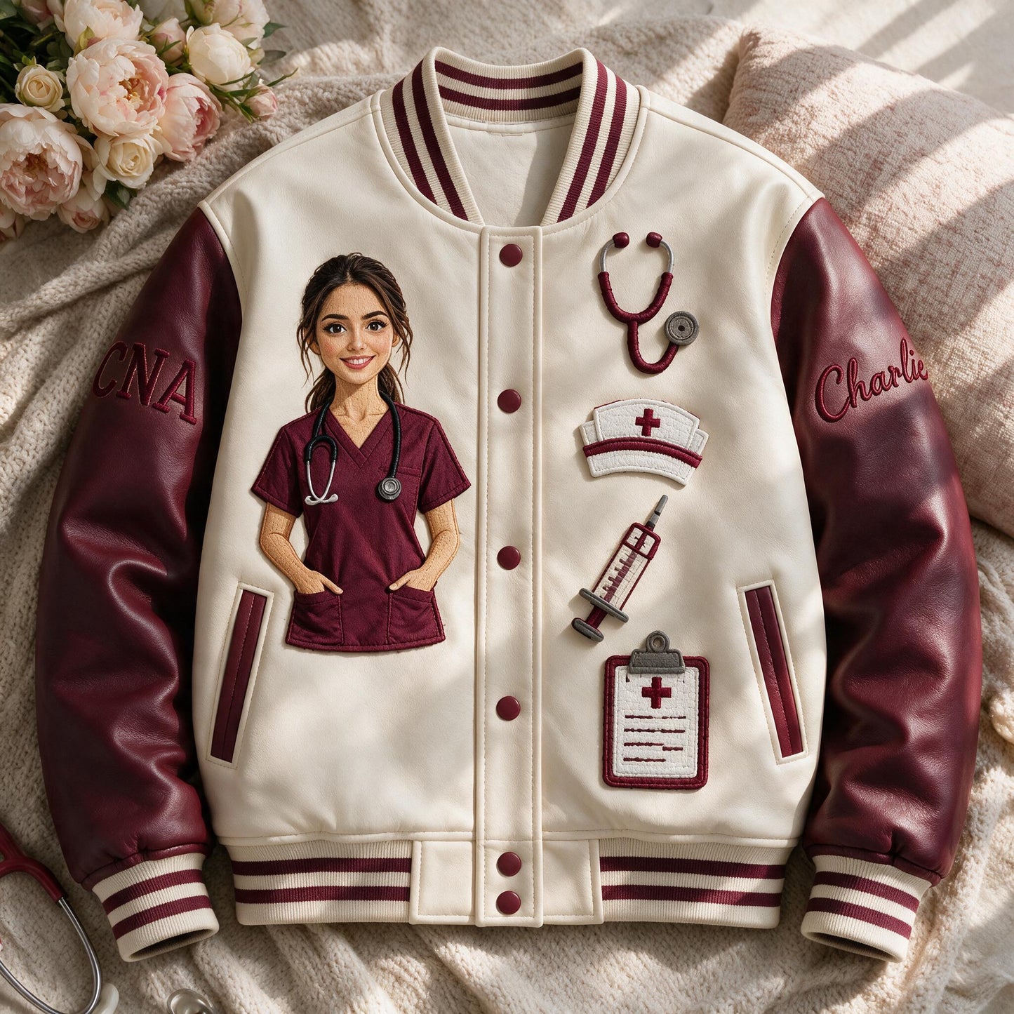 Personalized Embroidered Nurse Varsity Jacket, Custom CNA Appreciation Gift For Nurses, Nursing Graduation Casual Outerwear