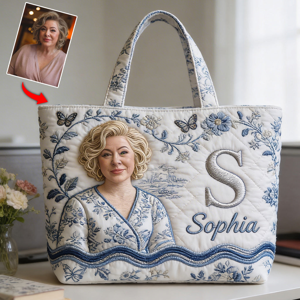 Custom Embroidered Older Woman Portrait Quilted Tote Bag, Personalized Monogrammed Grandma Gift for Everyday Use