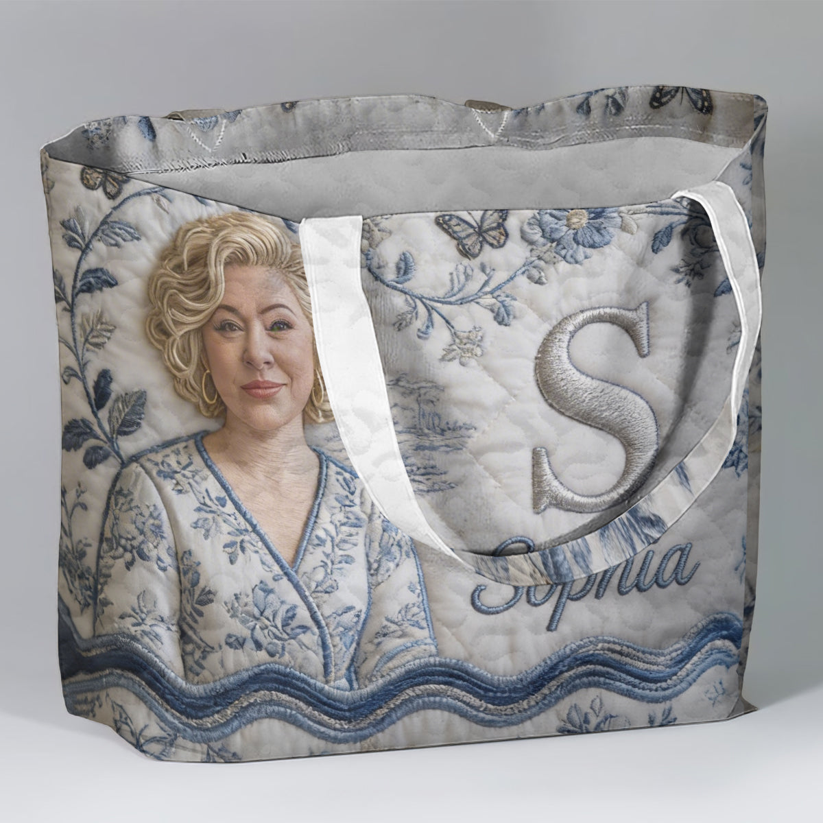 Custom Embroidered Older Woman Portrait Quilted Tote Bag, Personalized Monogrammed Grandma Gift for Everyday Use