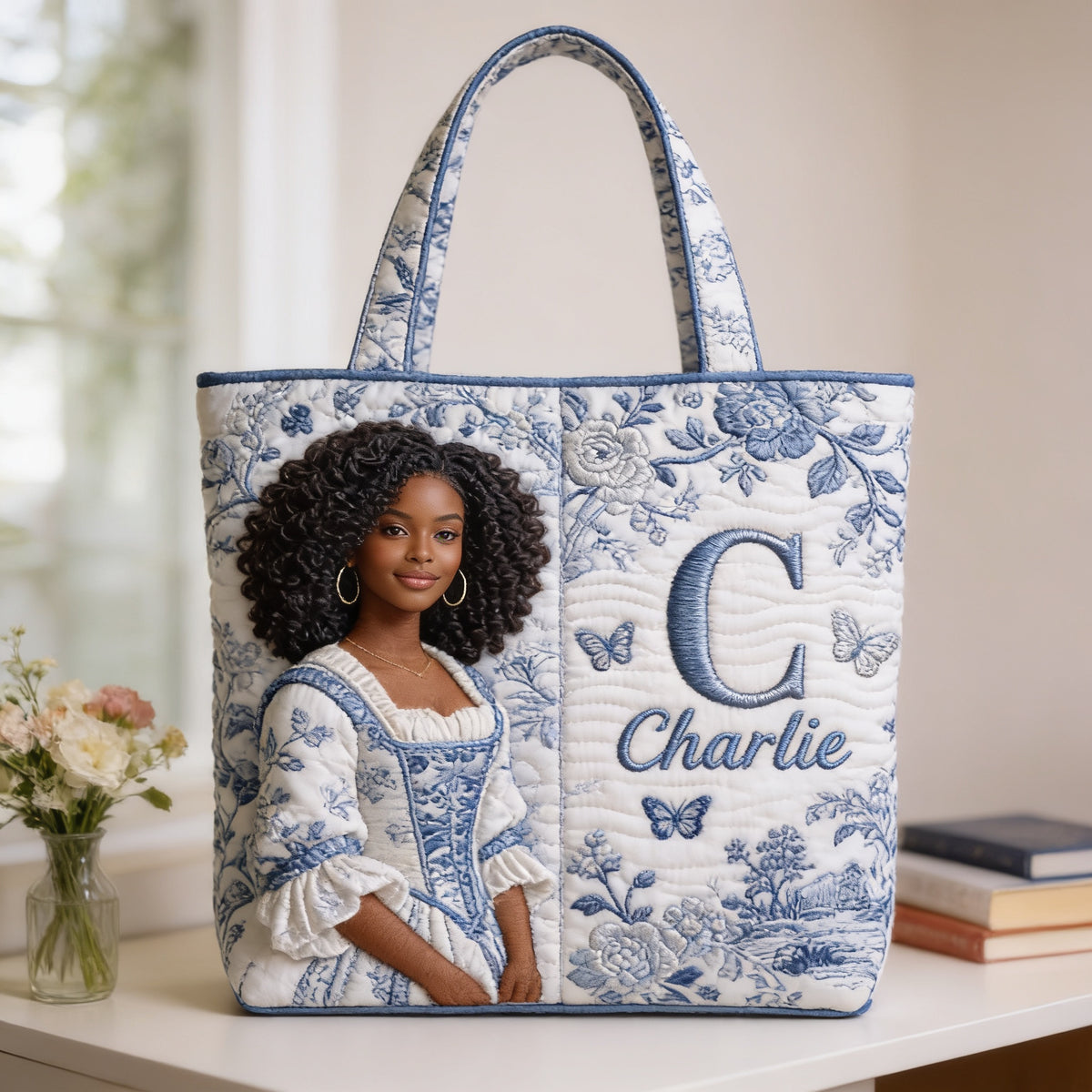 Personalized Custom Black Girl Portrait Monogram Quilted Tote Bag, Unique Self Love Gift for Everyday Use & Outings