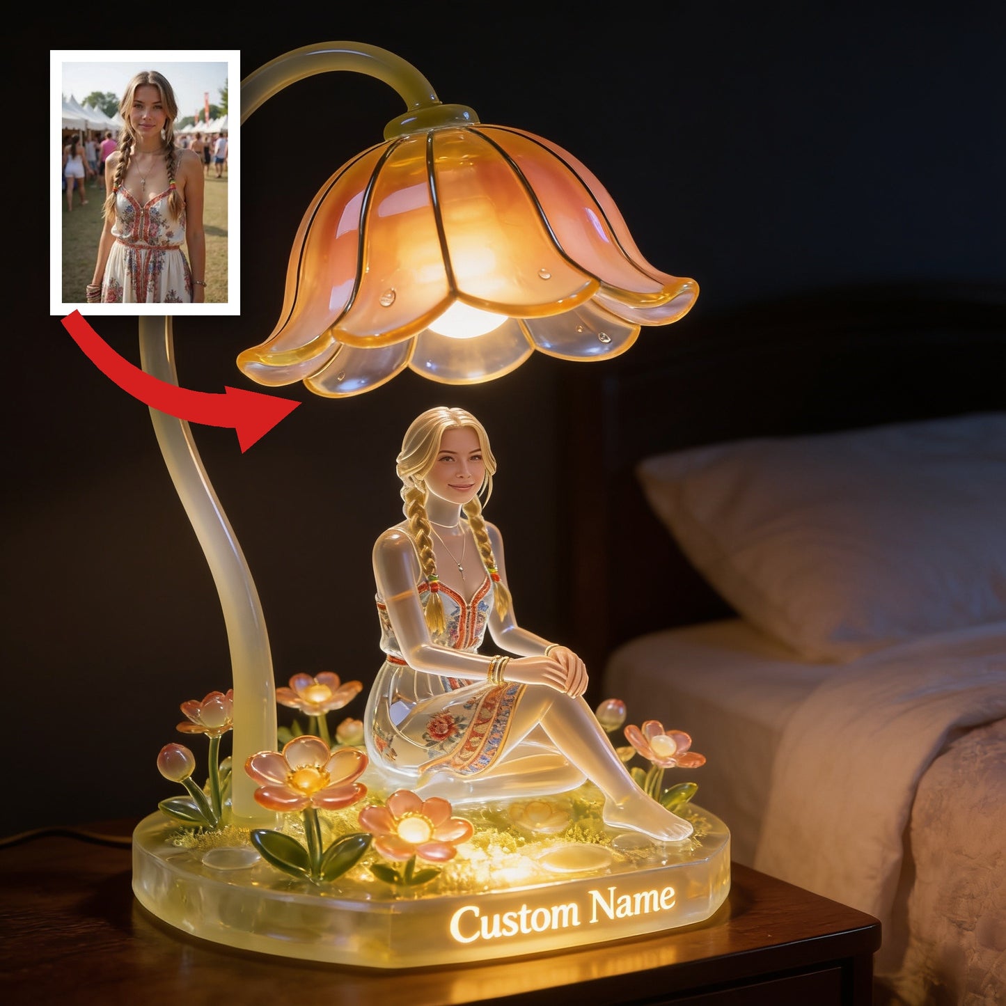 Personalized Custom Name Blonde Braided Girl Floral Acrylic LED Night Light, Cozy Self Love Bedroom Decor Gift