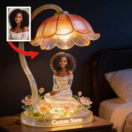 Personalized Curly Haired Black Girl Floral Acrylic LED Night Light Custom Name Self Love Bedroom Decor Gift