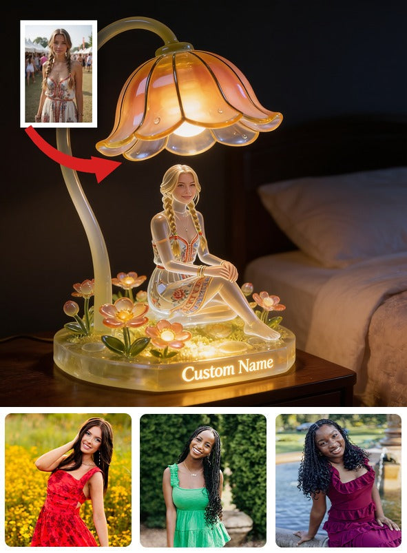 Personalized Custom Name Blonde Braided Girl Floral Acrylic LED Night Light, Cozy Self Love Bedroom Decor Gift