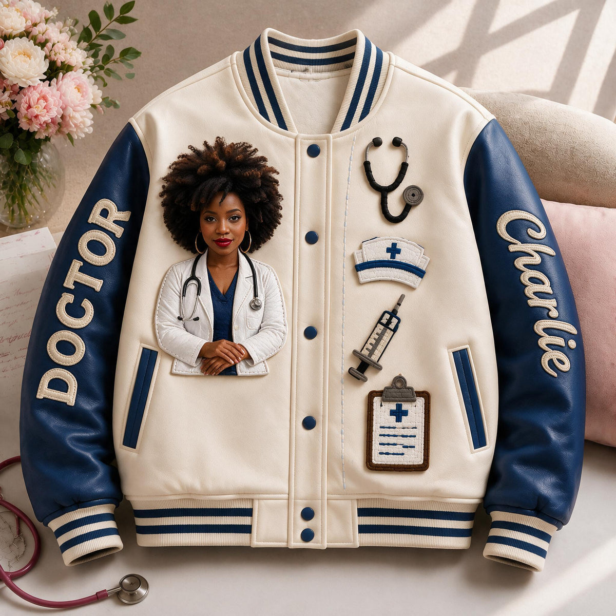 Personalized Doctor Varsity Jacket - Unique Custom Gift For Black Woman, Medical Professionals Casual Everyday Streetwear Outerwear