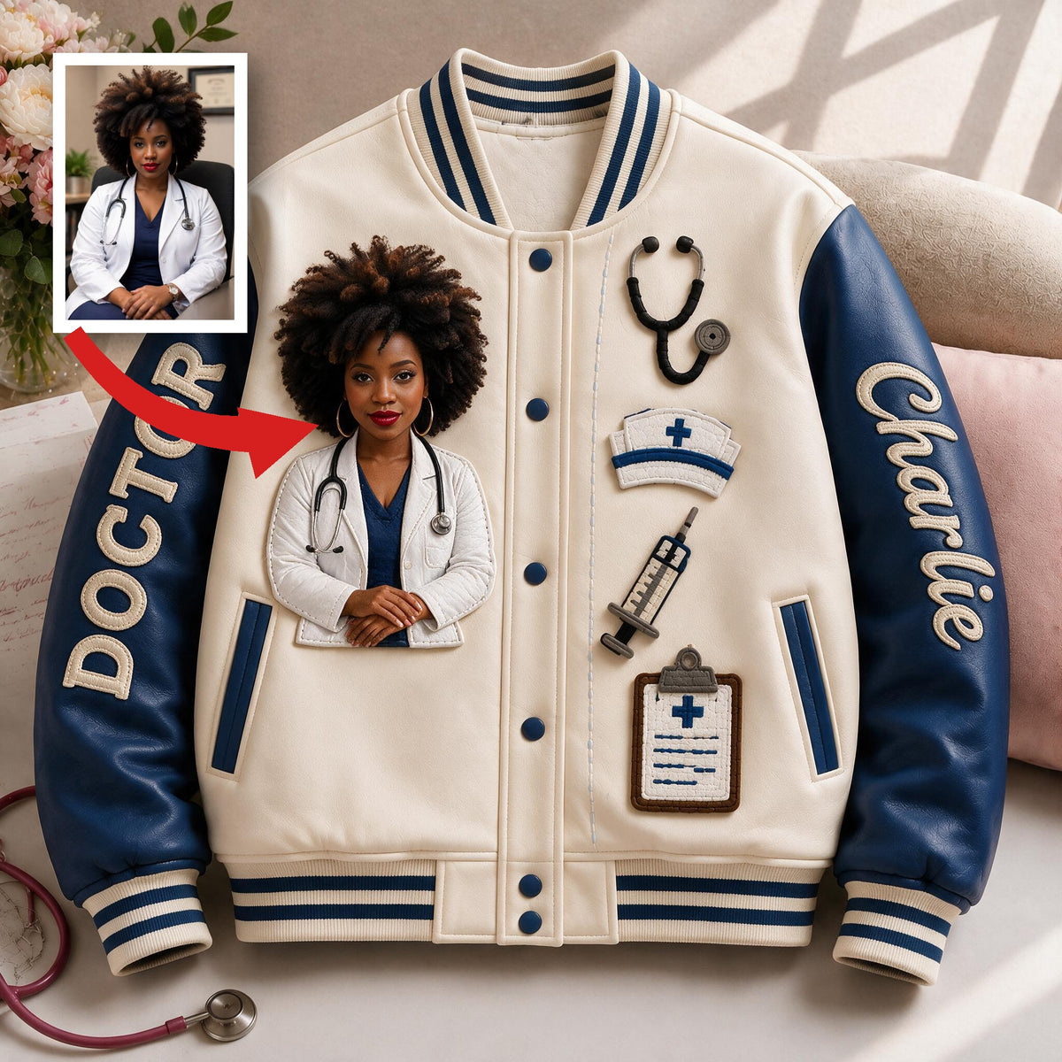 Personalized Doctor Varsity Jacket - Unique Custom Gift For Black Woman, Medical Professionals Casual Everyday Streetwear Outerwear