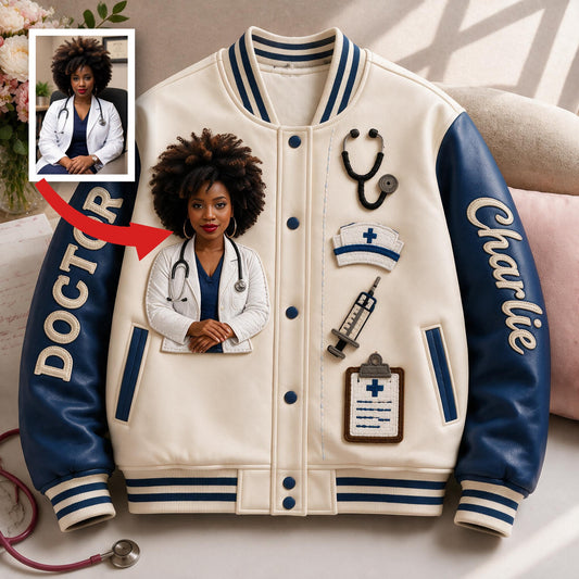 Personalized Doctor Varsity Jacket - Unique Custom Gift For Black Woman, Medical Professionals Casual Everyday Streetwear Outerwear