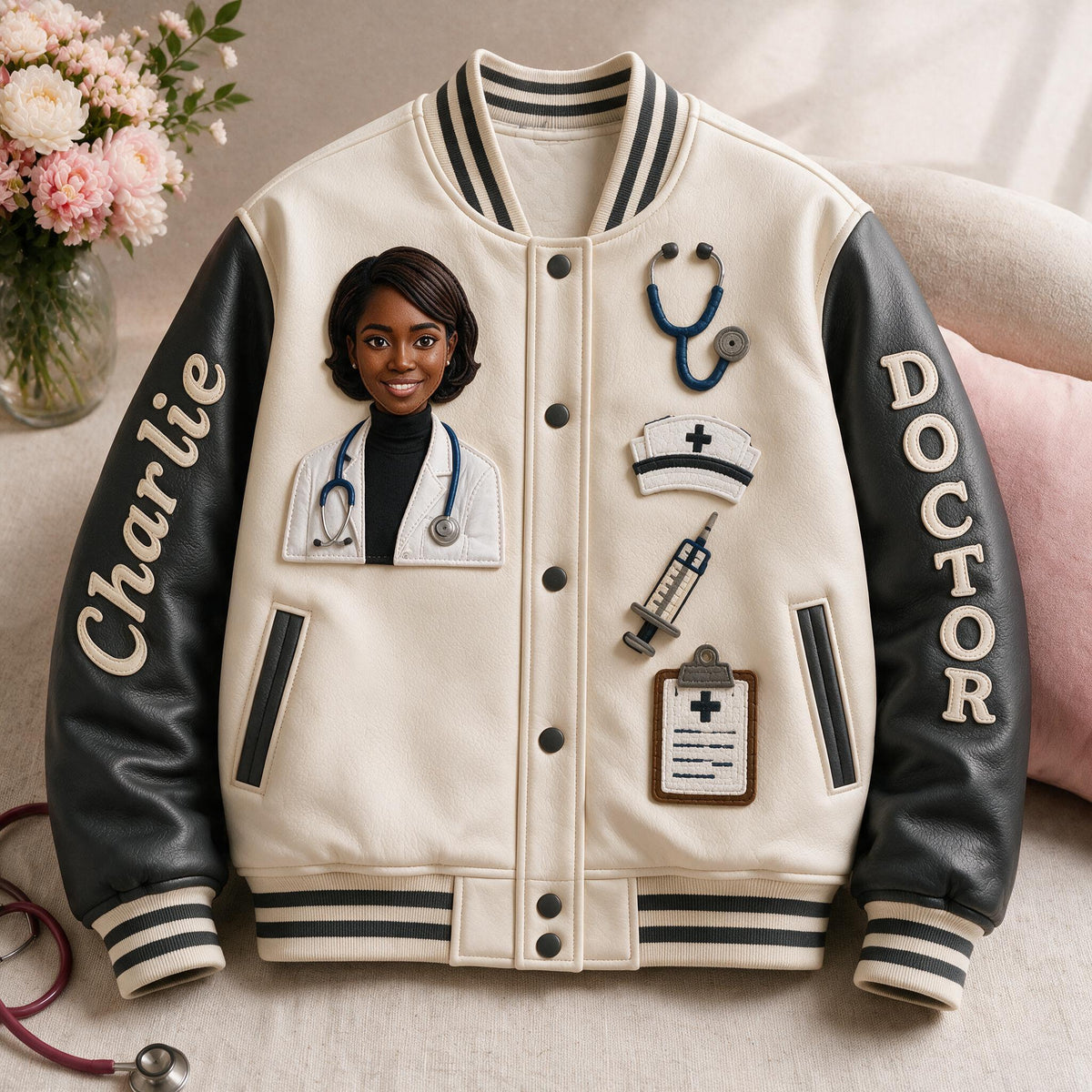 Personalized Doctor Varsity Jacket - Unique Appreciation Gift For Latina Woman, Medical Professionals, Graduation Casual Outerwear