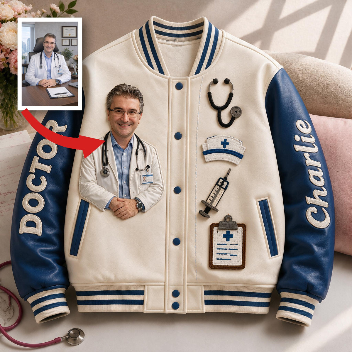 Personalized Latina Doctor Varsity Jacket, Unique Appreciation Gift For Medical Professional Casual Everyday Outerwear