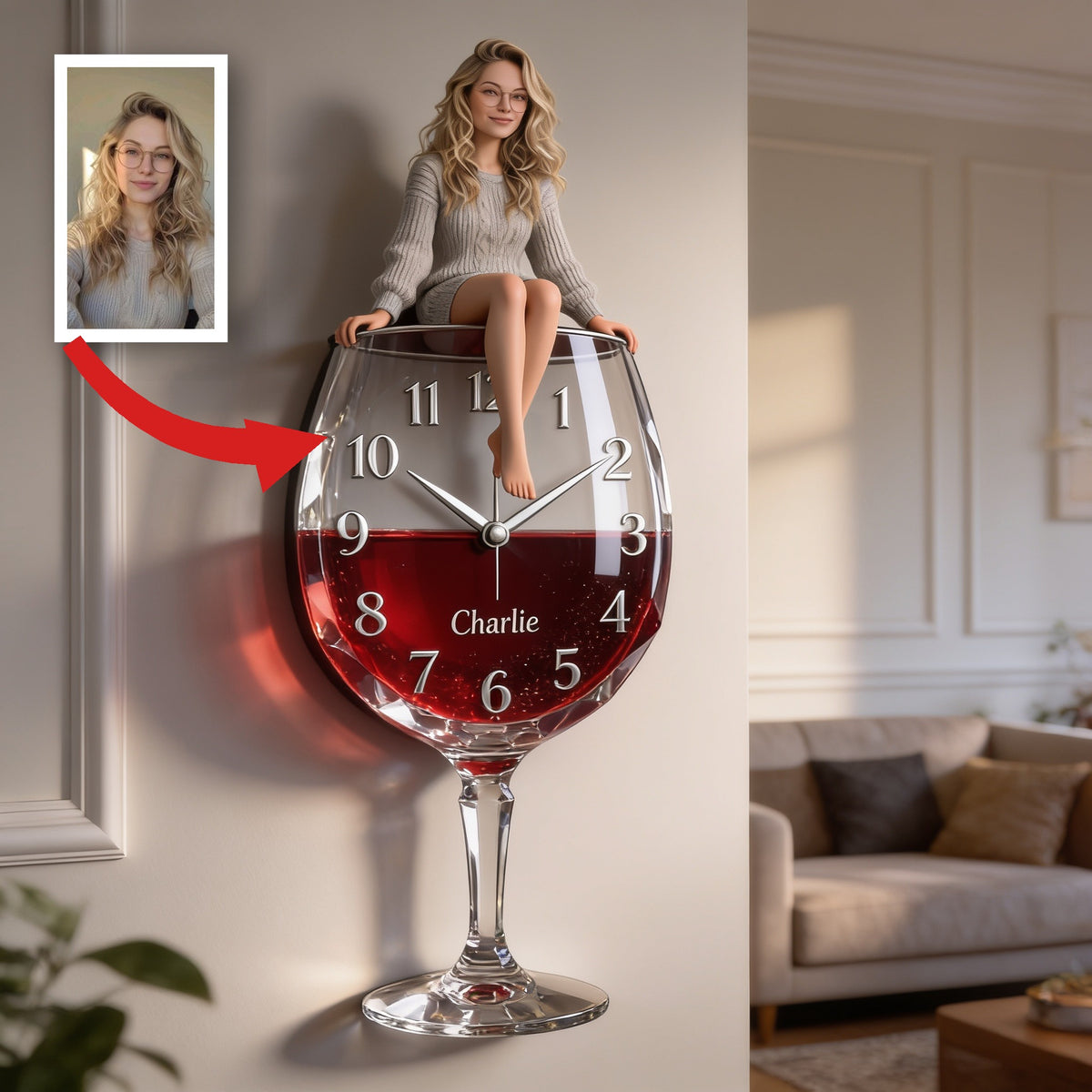 Custom Wine Glass Acrylic Wall Clock, Cute Blonde Adult Woman Design, Unique Wine Lover Home Decor Gift