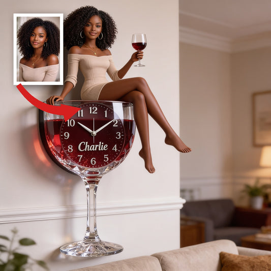 Personalized Curly Haired Adult Black Woman Wine Glass Acrylic Wall Clock, Unique Wine Lover Home Decor Gift