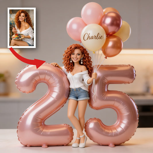 Personalized Birthday Custom Shaped Acrylic Plaque, Curly Red Hair Adult Latina Woman with Balloons & Custom Age Number, Unique Milestone Gift