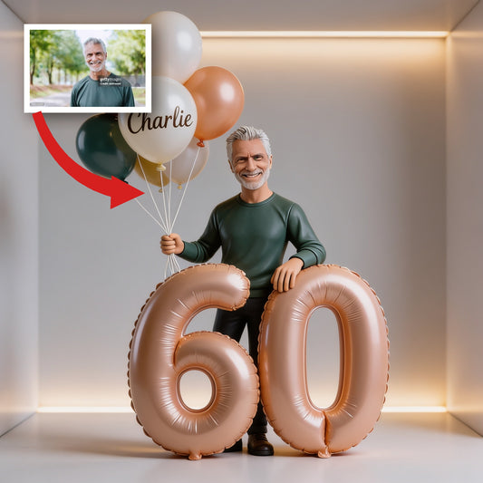 Personalized 60th Birthday Custom Shaped Acrylic Plaque, Older Latin Man Portrait with Balloons Unique Milestone Gift for Him