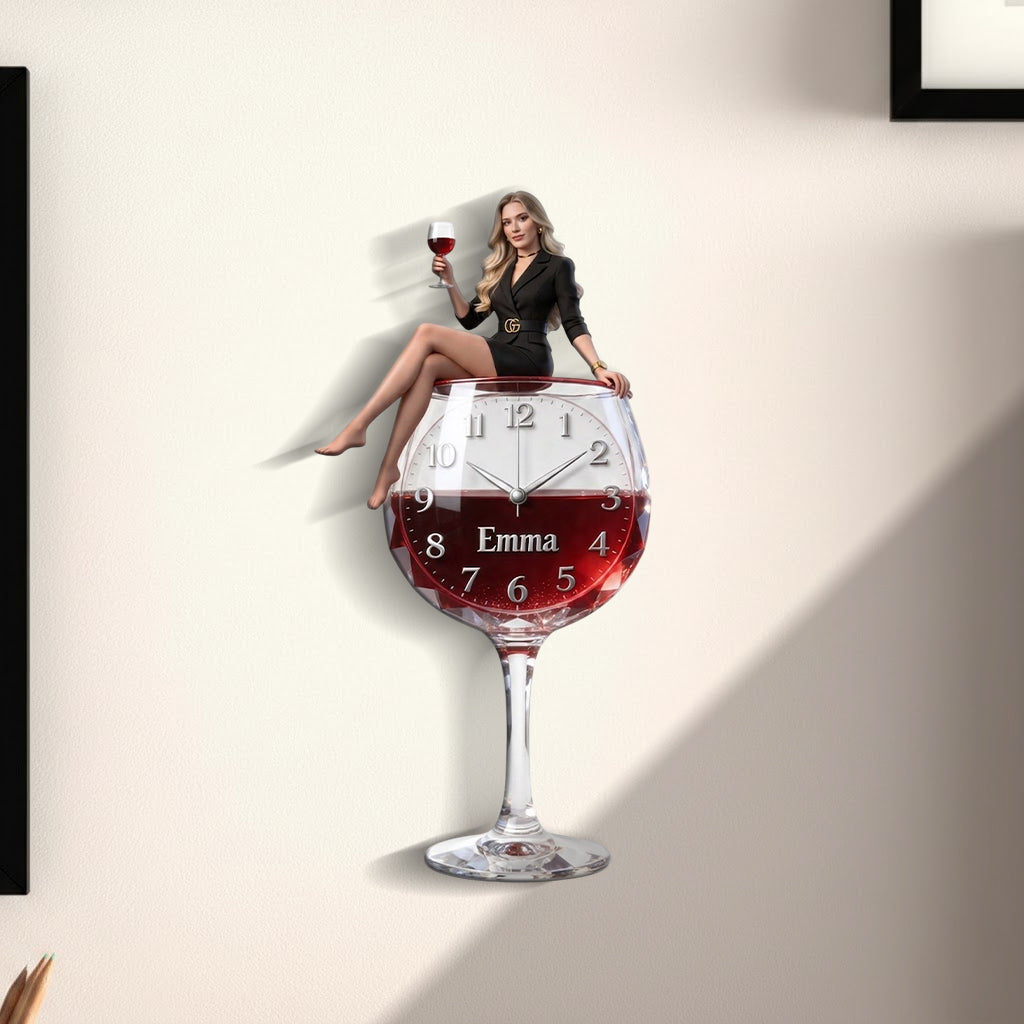 Personalized Wine Glass Acrylic Wall Clock, Elegant Older Latina Woman Wine Lover Custom Drinking Hour Home Bar Gift