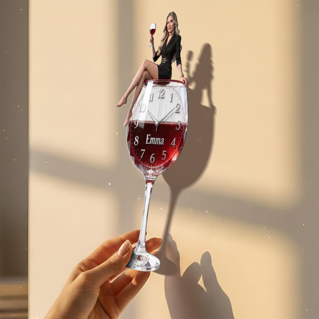 Custom Elegant Older Woman Wine Glass Acrylic Wall Clock | Personalized Wine Lover Home Decor Retirement Gift