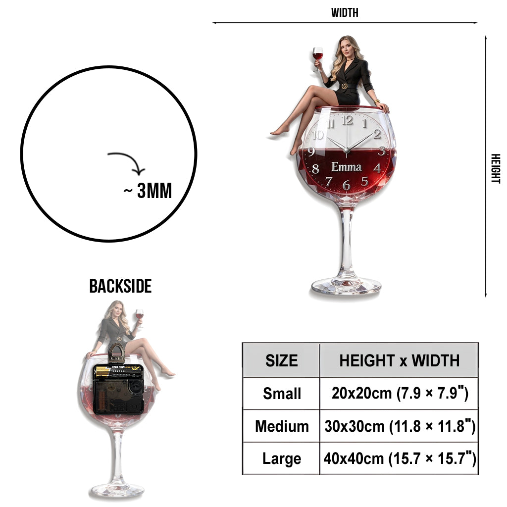 Custom Wine Glass Acrylic Wall Clock, Cute Blonde Adult Woman Design, Unique Wine Lover Home Decor Gift
