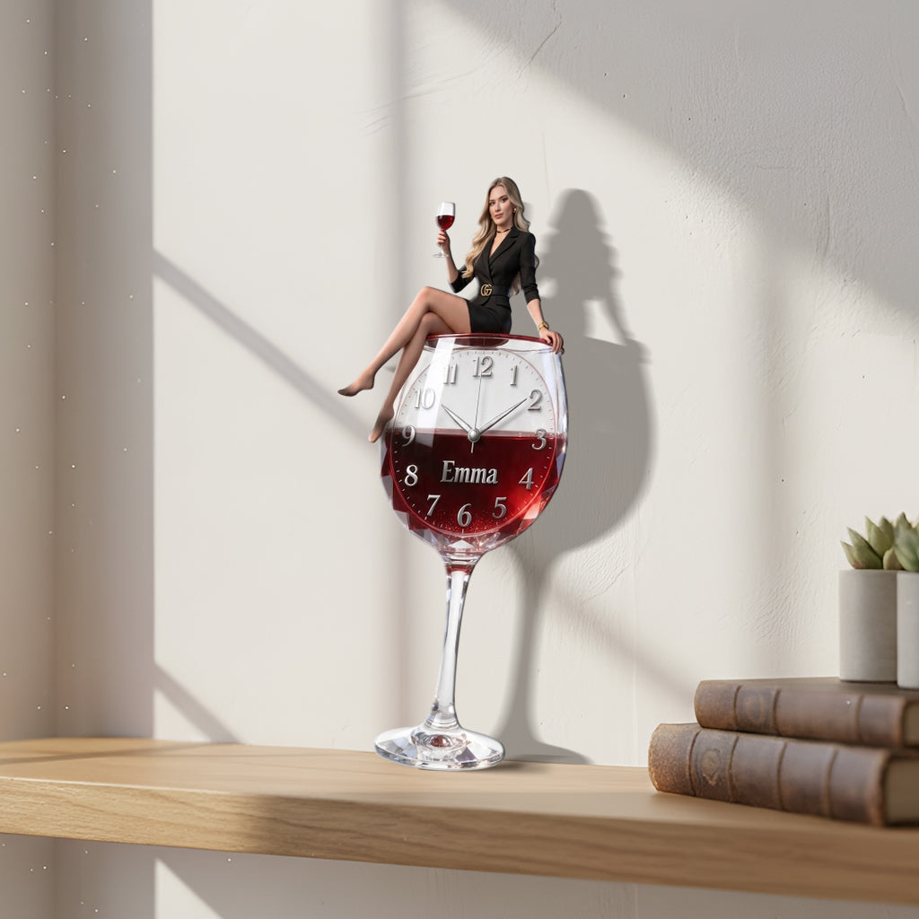 Custom Wine Glass Acrylic Wall Clock, Cute Blonde Adult Woman Design, Unique Wine Lover Home Decor Gift