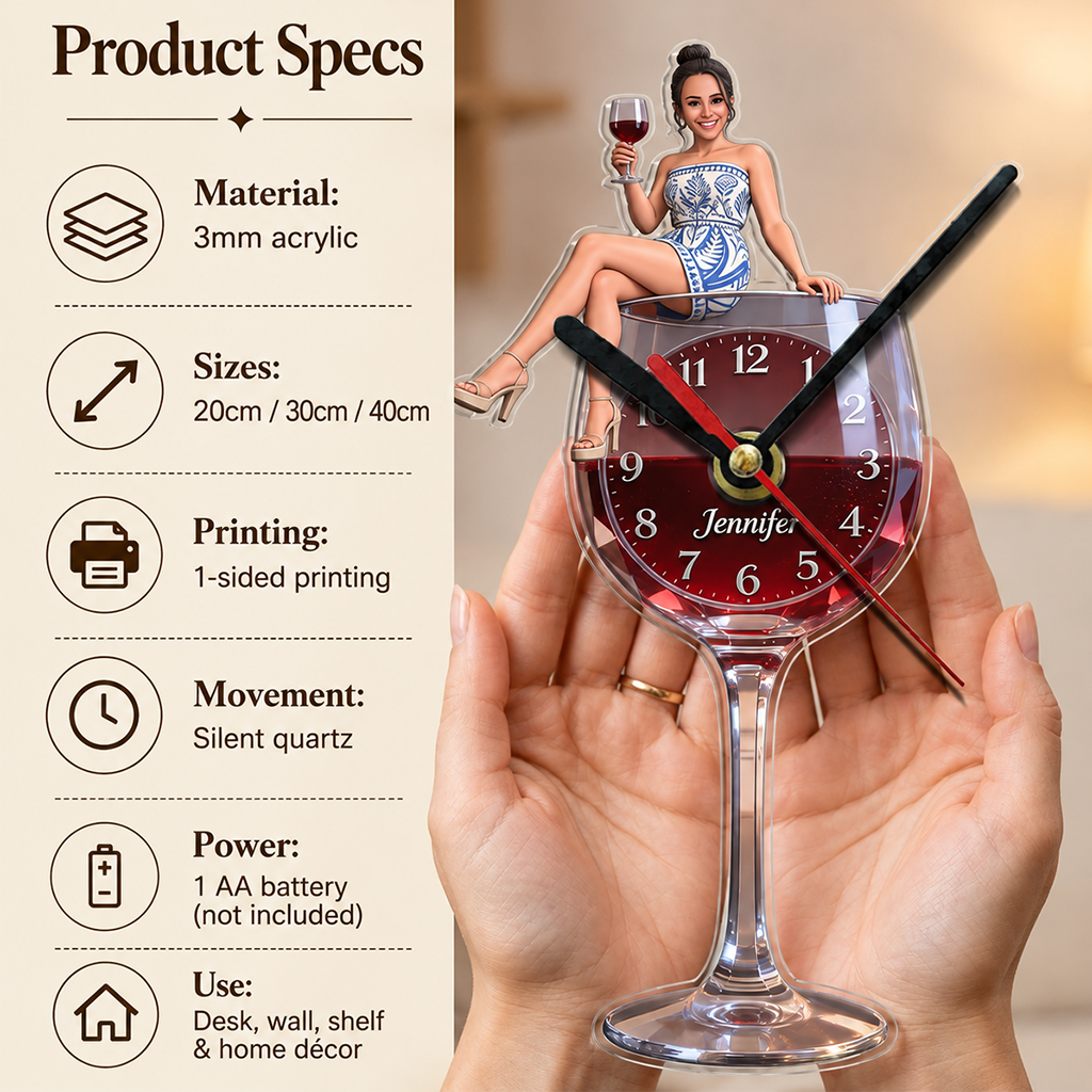 Custom Wine Glass Acrylic Wall Clock, Cute Blonde Adult Woman Design, Unique Wine Lover Home Decor Gift
