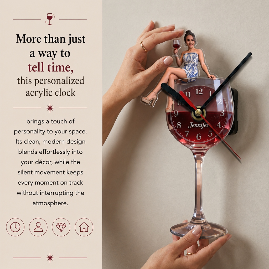 Personalized Wine Glass Shaped Acrylic Wall Clock, Cheerful Older Black Woman Wine Lover Design, Unique Home Decor Gift
