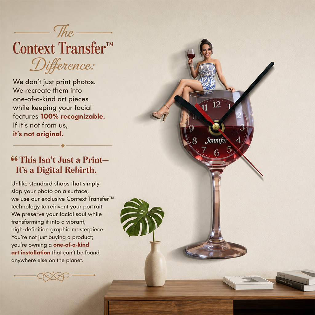 Personalized Wine Glass Acrylic Wall Clock, Elegant Older Latina Woman Wine Lover Custom Drinking Hour Home Bar Gift