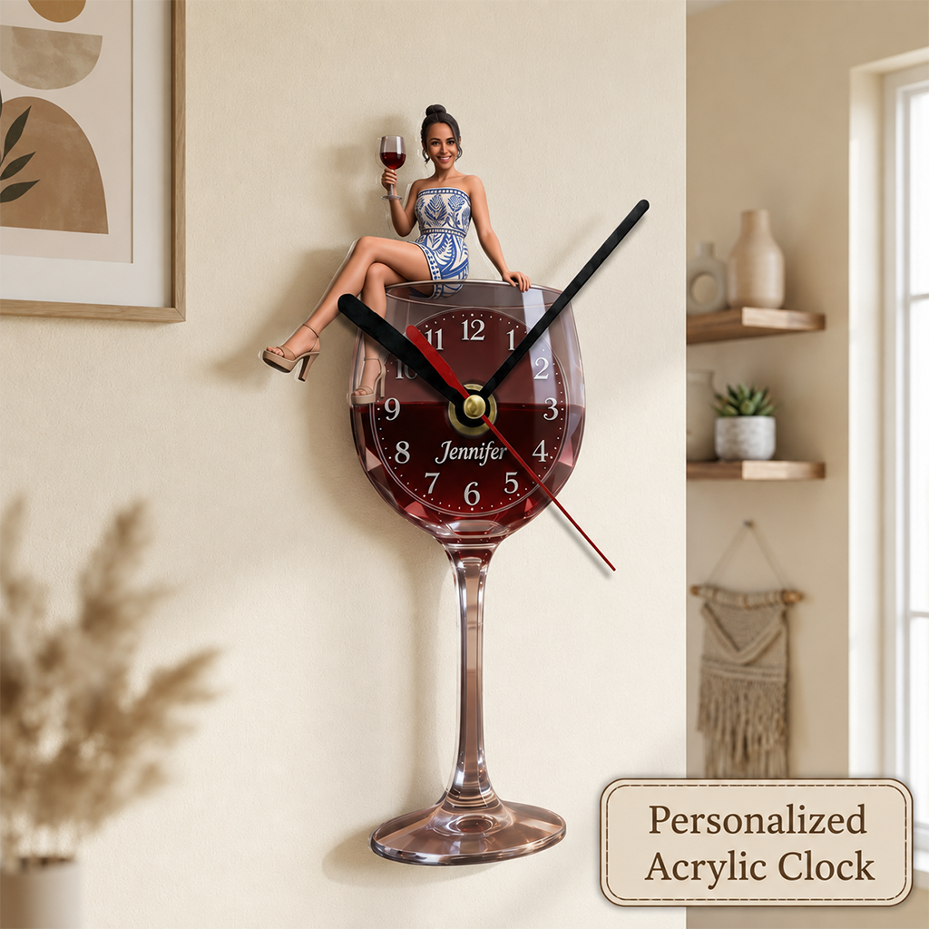 Personalized Wine Glass Shaped Acrylic Wall Clock, Cheerful Older Black Woman Wine Lover Design, Unique Home Decor Gift