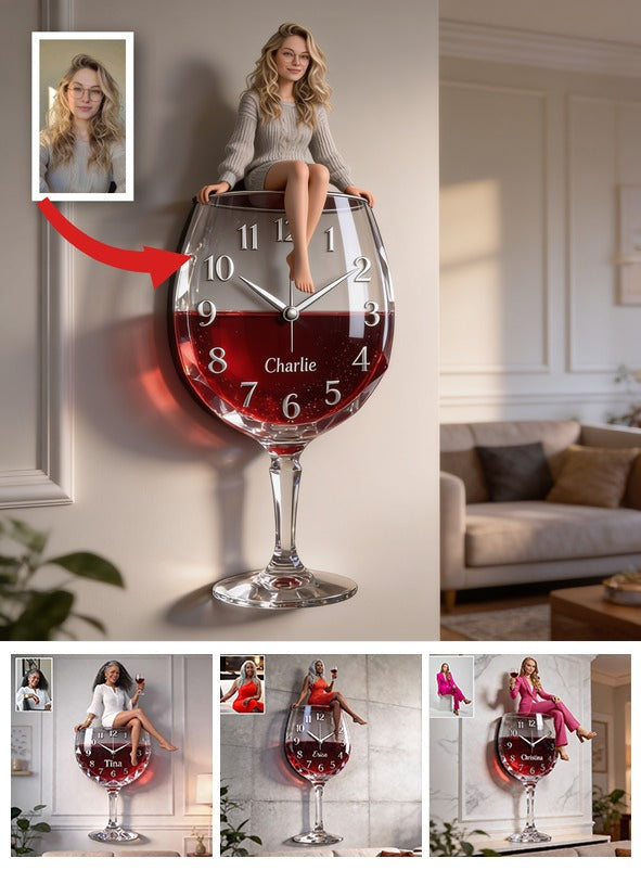 Custom Wine Glass Acrylic Wall Clock, Cute Blonde Adult Woman Design, Unique Wine Lover Home Decor Gift