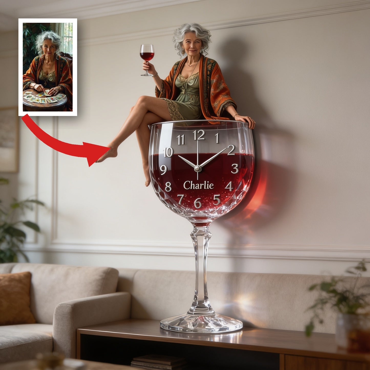 Personalized Wine Glass Acrylic Wall Clock, Elegant Older Latina Woman Wine Lover Custom Drinking Hour Home Bar Gift