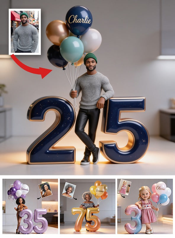 Custom Shaped Acrylic Plaque - Personalized Black Man 25th Birthday Portrait with Balloons & Milestone Age Number Gift for Him