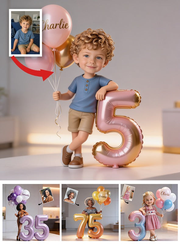 Personalized Curly-Haired Little Boy Birthday Acrylic Plaque - Custom Photo Balloons Age Number Kid Birthday Keepsake Gift
