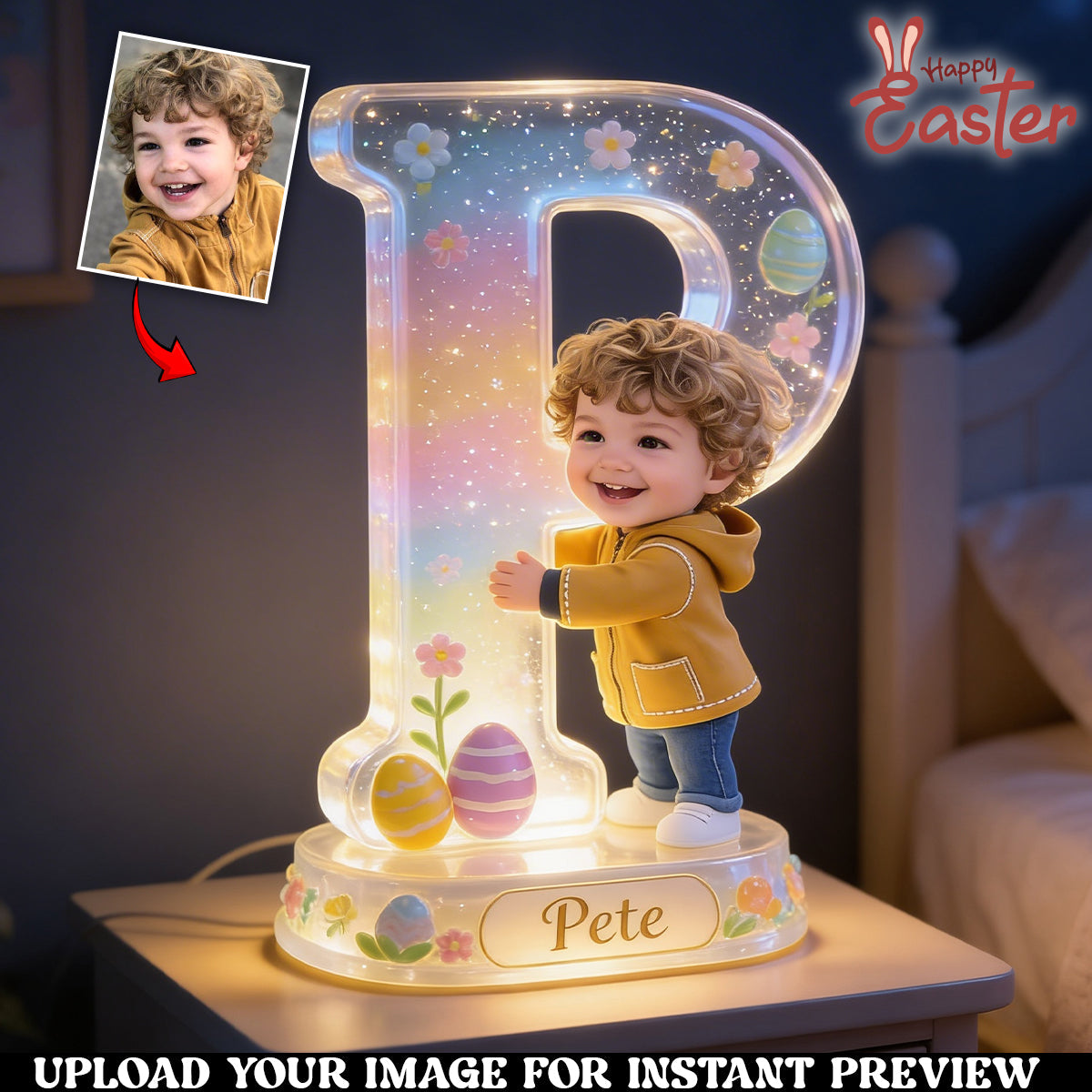 Personalized Easter Young Girl Acrylic LED Night Light Kids Bedroom Gift