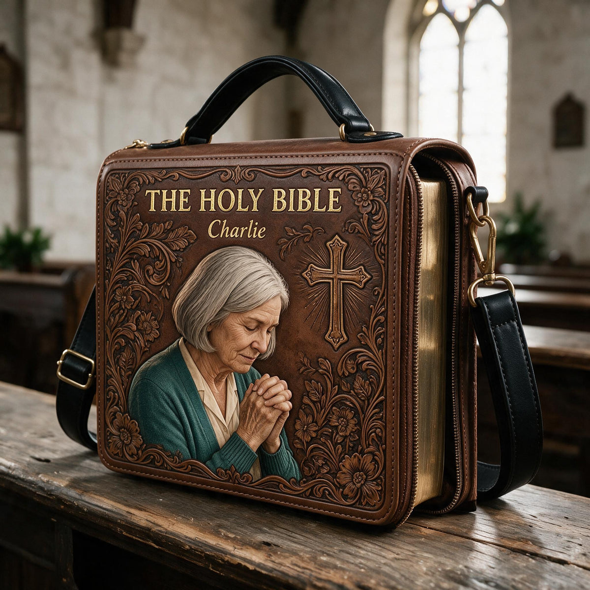 Custom Photo Praying Elderly Latina Woman Leather Bible Cover Bag Religious Gift