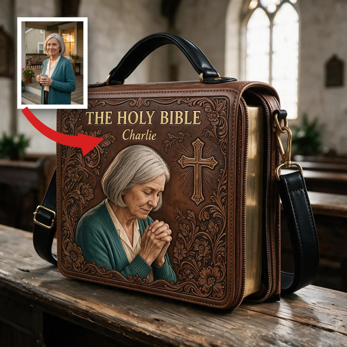 Custom Photo Praying Elderly Latina Woman Leather Bible Cover Bag Religious Gift