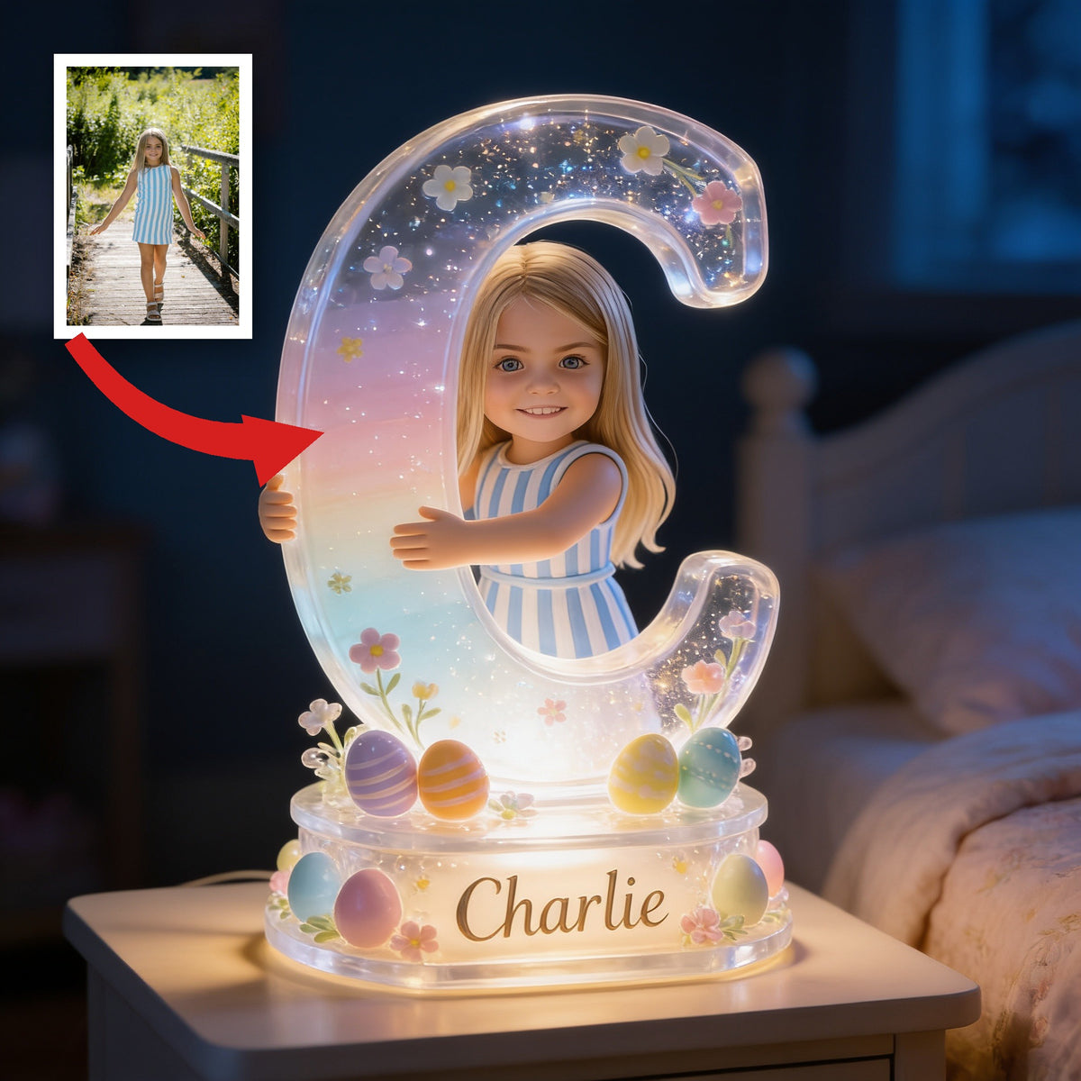 Personalized Easter Young Girl Acrylic LED Night Light Kids Bedroom Gift