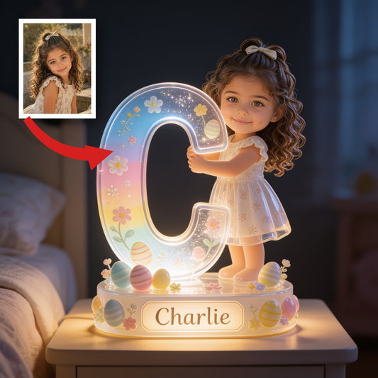 Personalized Easter Young Girl Alphabet Acrylic LED Night Light Latina Kids Gift