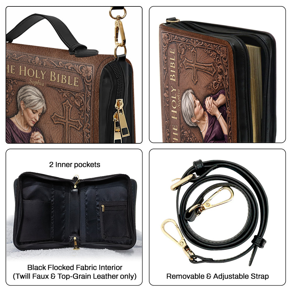 Custom Photo Praying Elderly Latina Woman Leather Bible Cover Bag Religious Gift