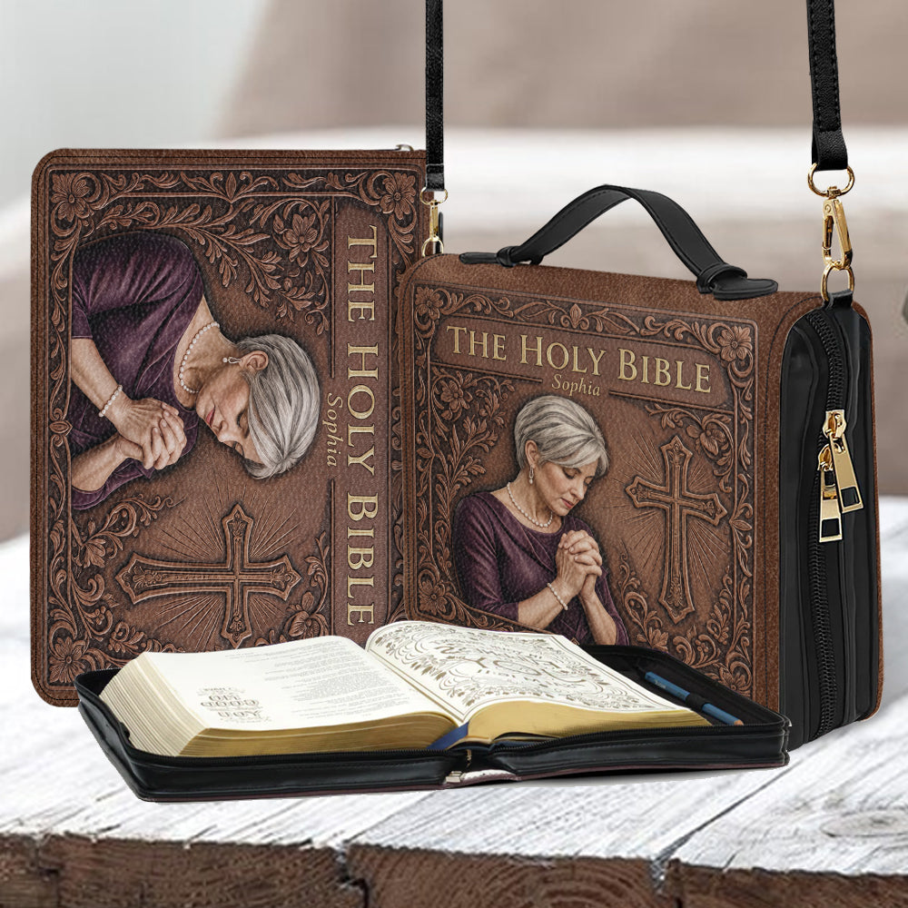 Custom Photo Praying Elderly Latina Woman Leather Bible Cover Bag Religious Gift