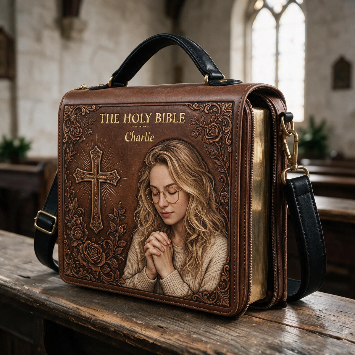 Custom Photo Praying Young Woman Leather Bible Cover Bag Christian Gift