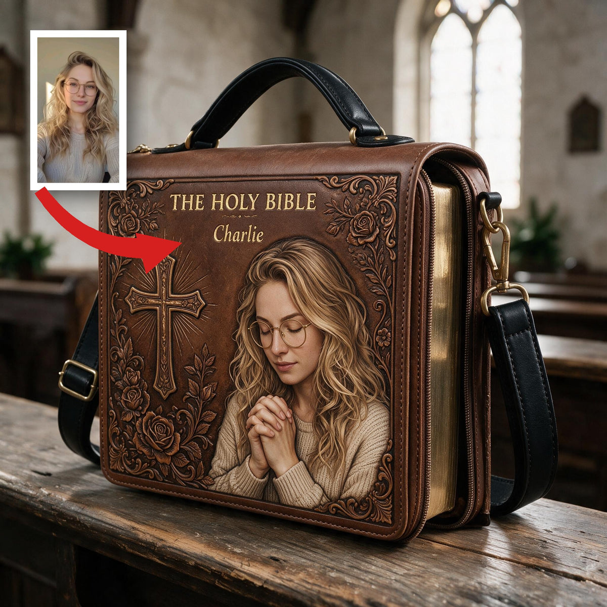 Custom Photo Praying Young Woman Leather Bible Cover Bag Christian Gift