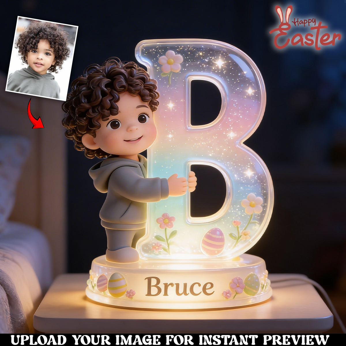 Personalized Easter Blonde Young Boy Acrylic LED Night Light Kids Bedroom Gift