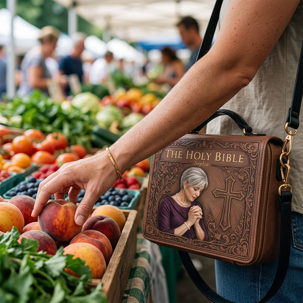 Custom Photo Praying Young Woman Leather Bible Cover Bag Christian Gift