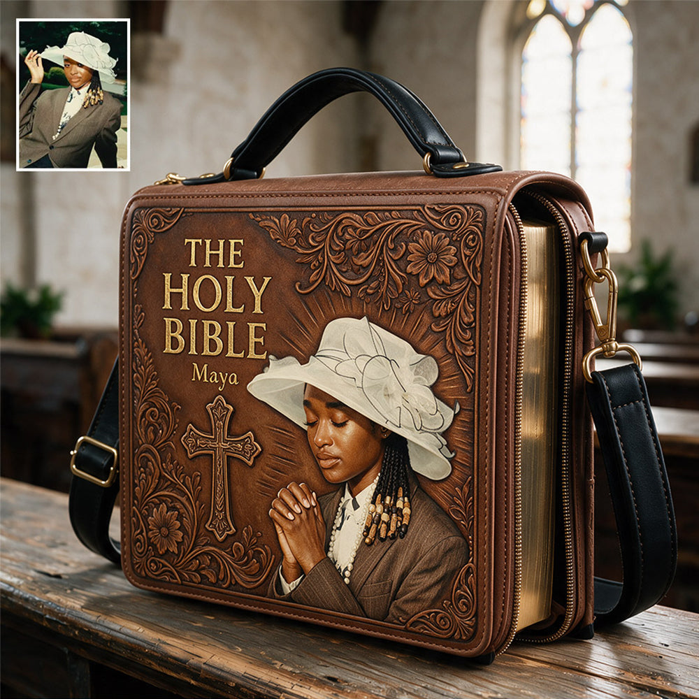 Custom Photo Praying Young Woman Leather Bible Cover Bag Christian Gift