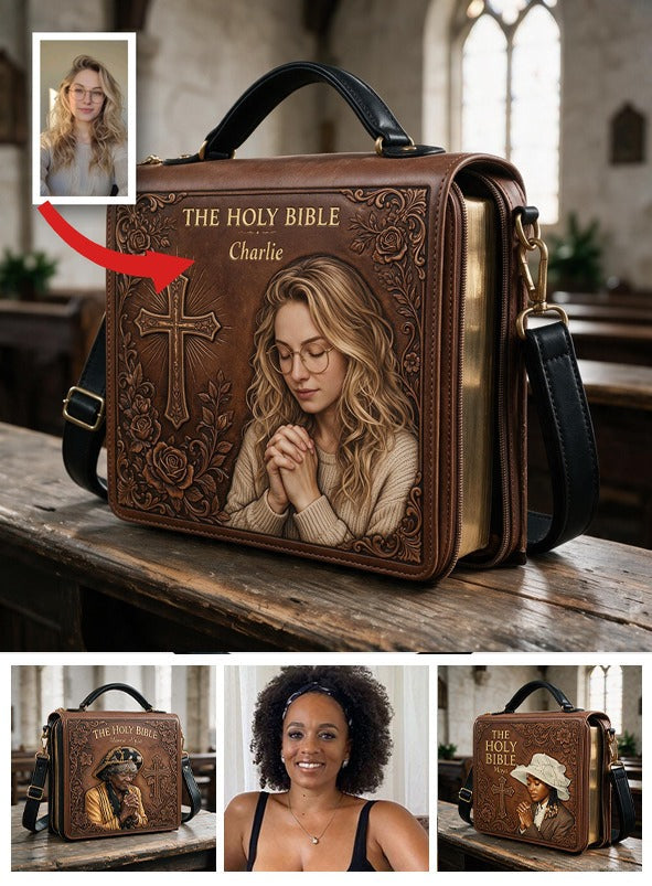 Custom Photo Praying Young Woman Leather Bible Cover Bag Christian Gift